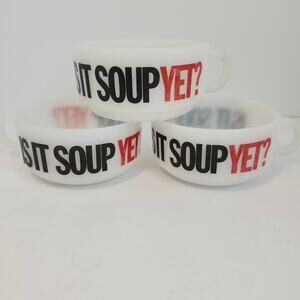 Glasbake Milk Glass Soup Bowl *Is It Soup Yet?* Handle J-2711 Set Of 3 Mugs